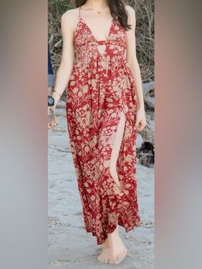 Red Floral Maxi Dress with Side Slit